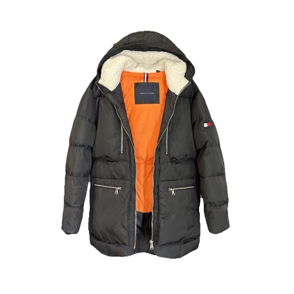 Tommy Hilfiger Zip Zipper Logo Accent Black Puffer Jacket Hooded Men's Size L